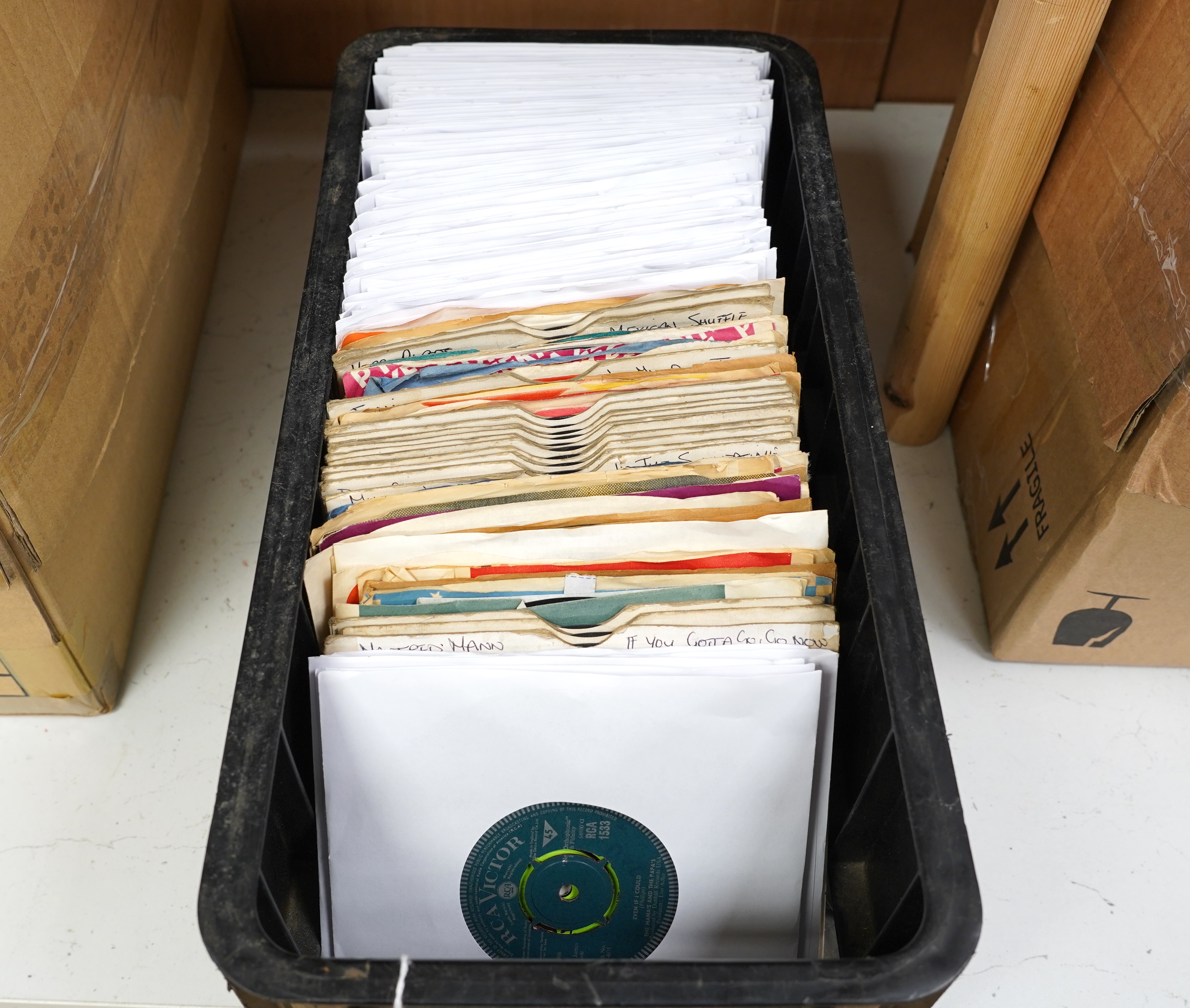 One hundred and thirty-six 7” singles, all with printed demo labels (some also with printed release date), record labels include HMV, Verve, Capitol, UA, Fontana, Elekra, London, etc. Artists include; Bob Dylan, Small Fa